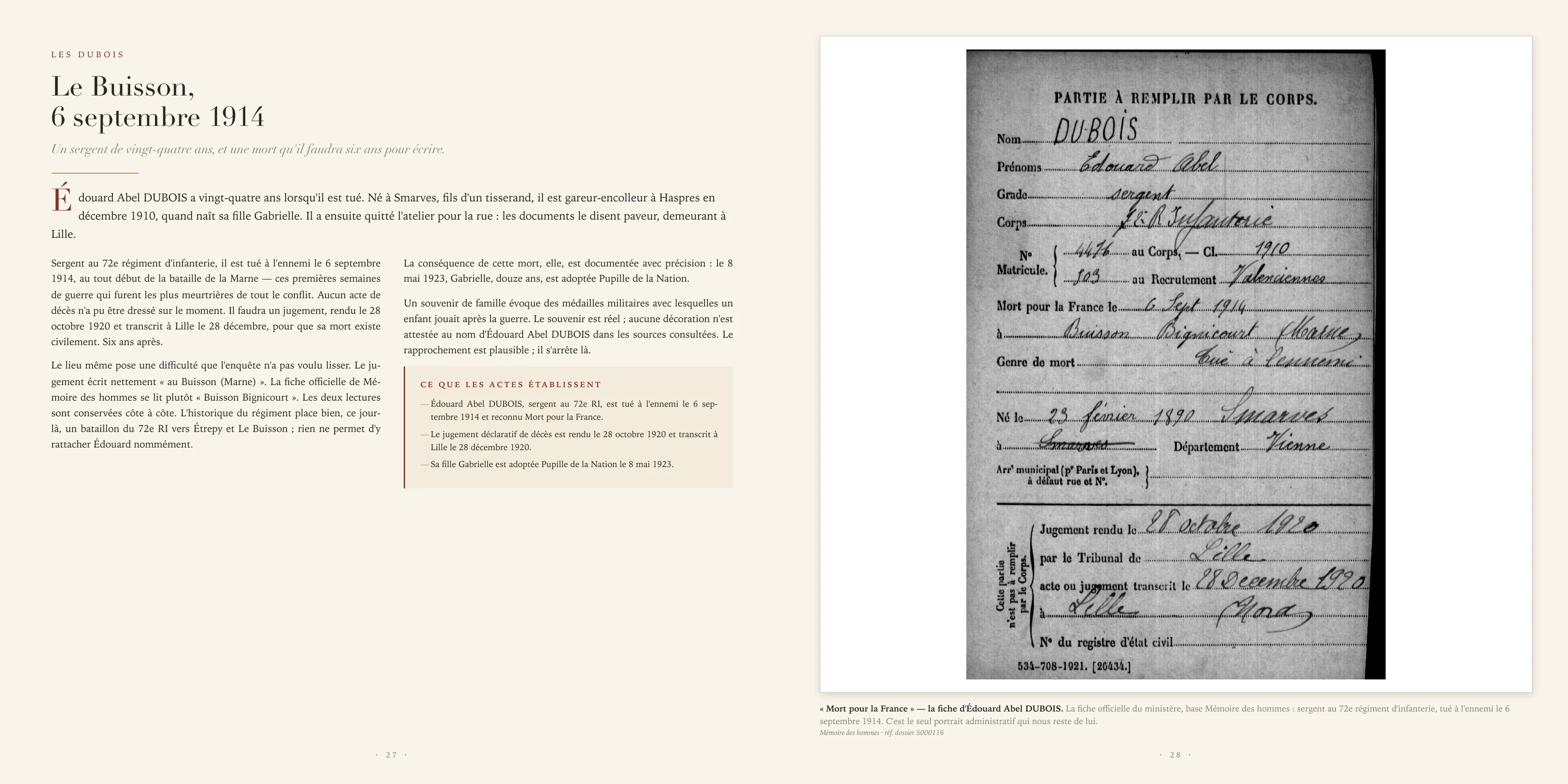 Two-page spread dedicated to Sergeant Édouard in 1914 and his official military service record