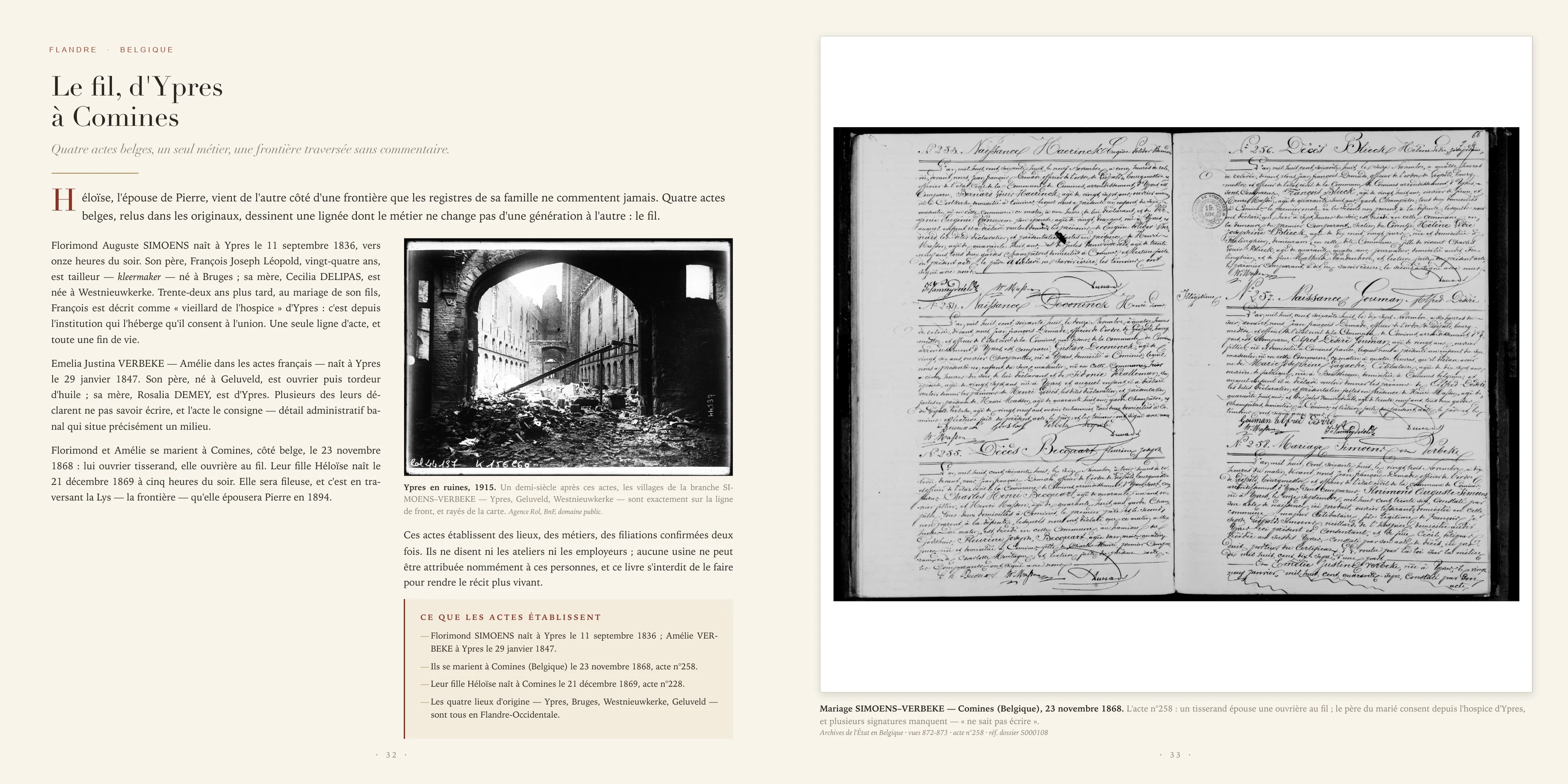 Two-page spread on Héloïse and a textile lineage between Ypres and Comines with the original civil act